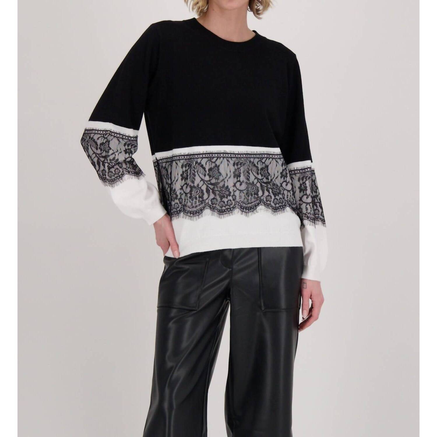 New Gabby Isabella Contrast Lace Panel Sweater Top In Black And White